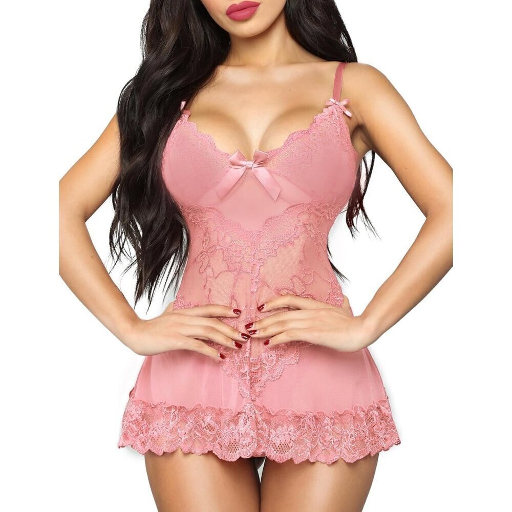Women Pink Lingerie Lace Babydoll Mesh Chemise Sleepwear Bridal Nightdress